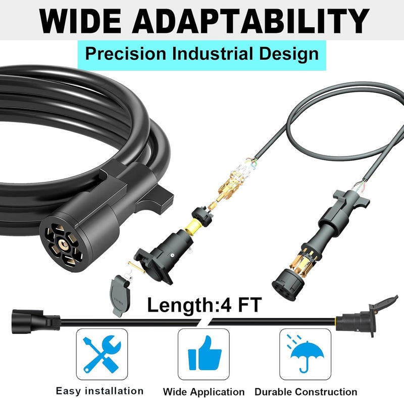 CXTM 7-Way Trailer Extension Cord Wire Cable(4FT), 7 Way Trailer Plug Socket Extension Cable, Wiring Harness 7 Prong Tow Wiring Connector Cord 7 Blade Trailer Wiring Connector Cord Wire (4ft) - Image 4